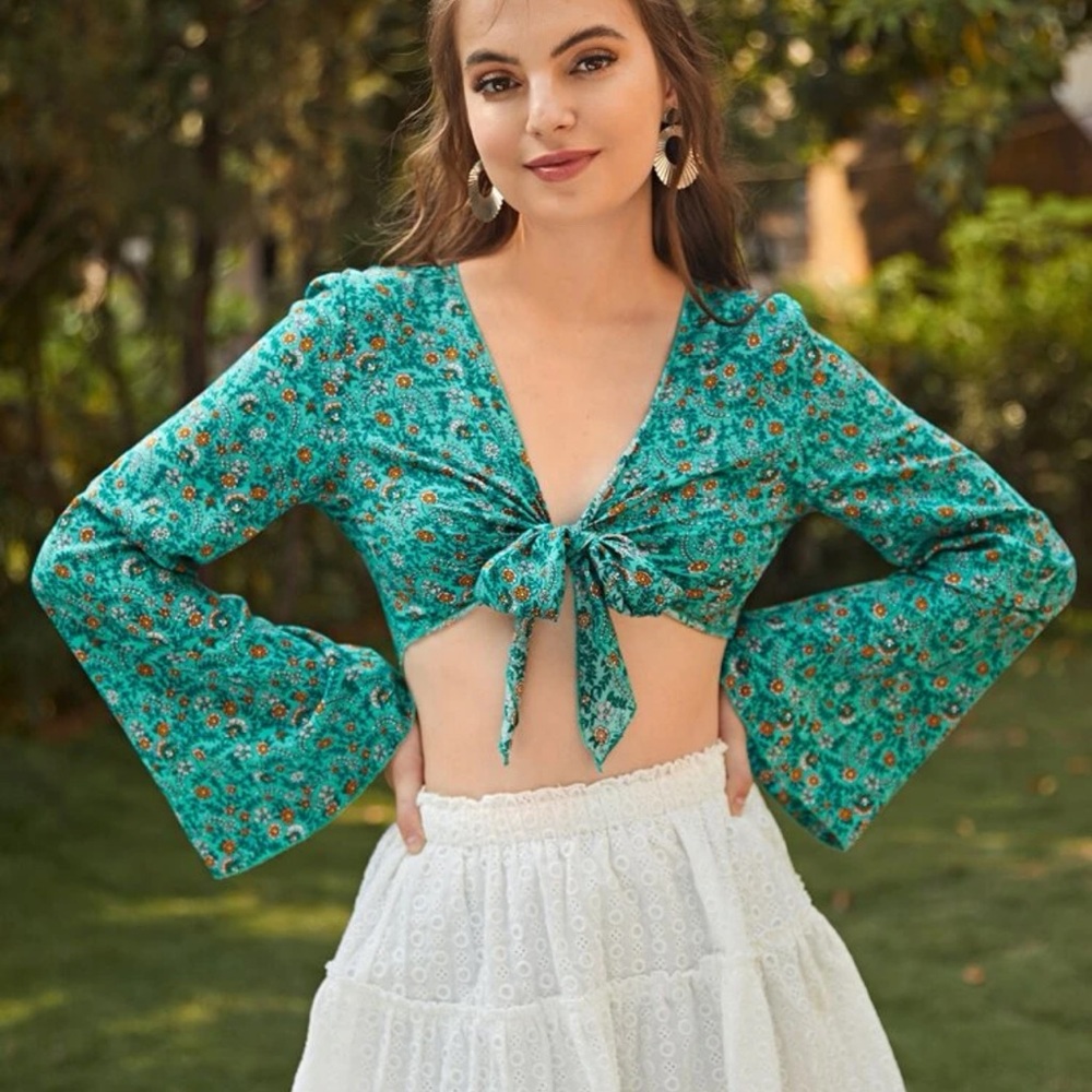 New Boho Floral Green & Orange Ditzy Bell Sleeve Tie Front Crop Kimono Top - Picture 10 of 16